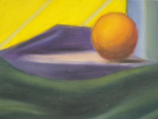 2. Zátiší s pomerančem, olej na plátně, 30x30 cm, Eva Erbáková
